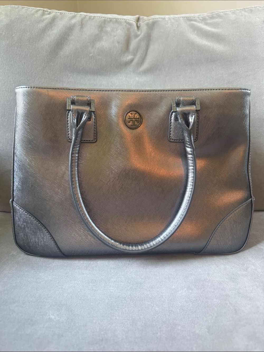 Tory Burch Metallic Pewter Saffiano Leather medium Tote Bag w/ Mirror
